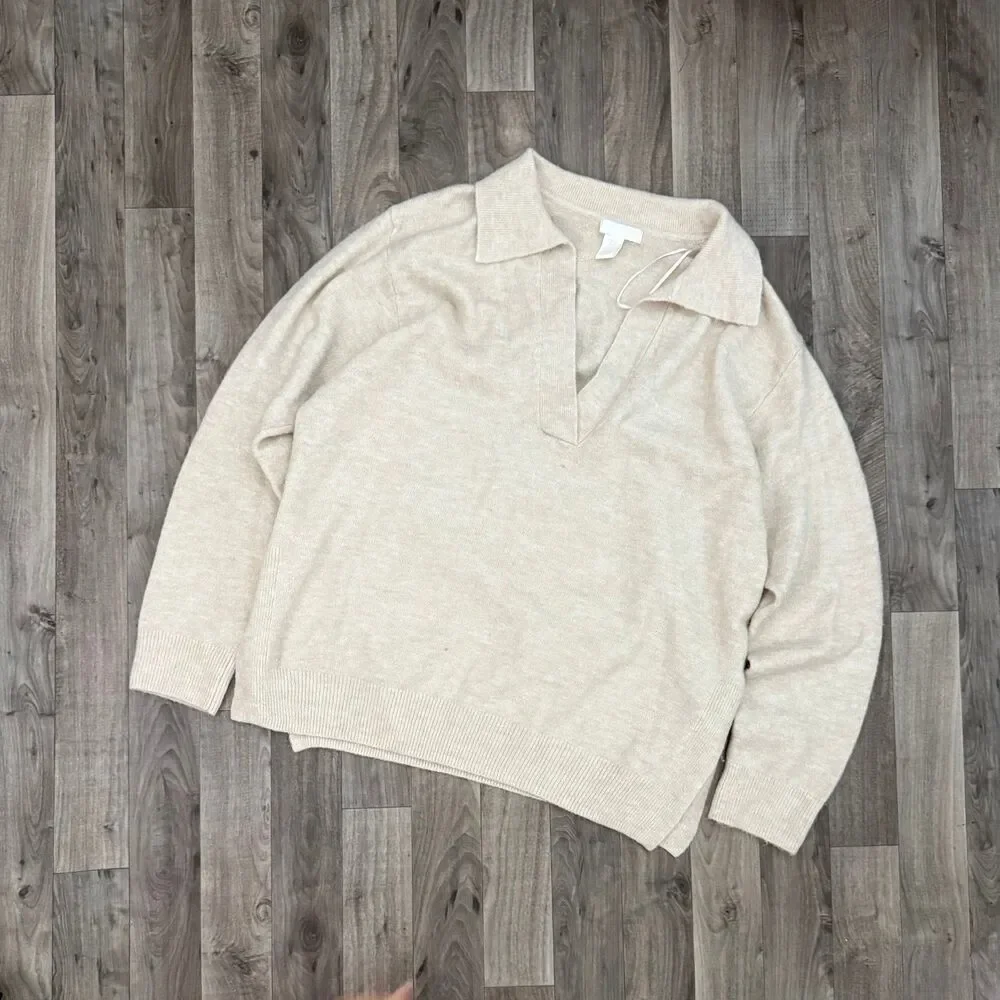 H&M wool blend collared oatmeal neutral knit oversized sweater
